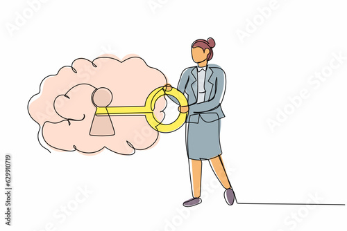 Continuous one line drawing businesswoman put key into brain. Open minded concept. Mental health care, psychology. Philosophy metaphor, personality. Single line draw design vector graphic illustration