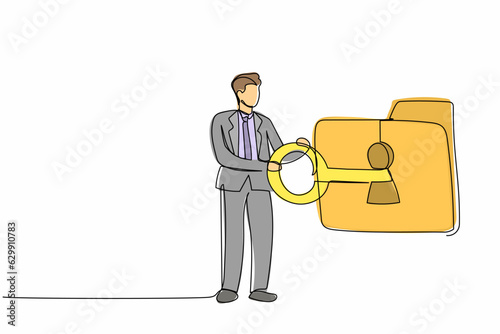 Single continuous line drawing businessman putting big key into folder. Folder locked with key. Data security. Secret information for success in work. One line draw graphic design vector illustration