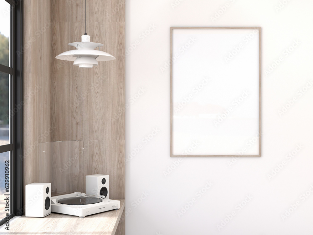 Fototapeta premium Interior design Livingroom relaxation corner. Mockup poster picture frame, ceiling lamp, Record player, wooden wall. japan interiors' modern minimalist style. 3D render
