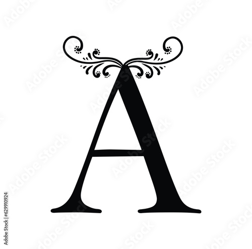 Floral botanical alphabet. A Letter with plants and flowers