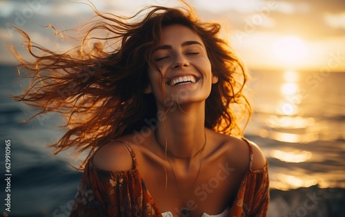 Portrait of a happy smiling woman with beautiful background. AI