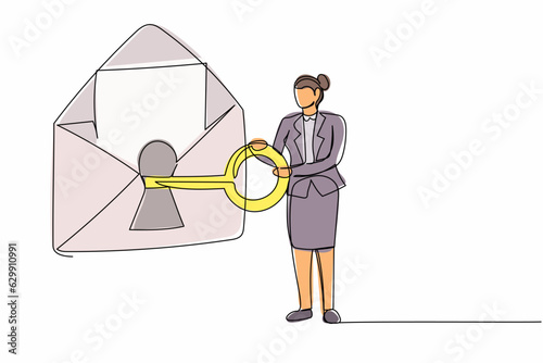 Single one line drawing businesswoman put key into mail. Internet safety care. Message online security system. Protection personal information. Continuous line draw design graphic vector illustration