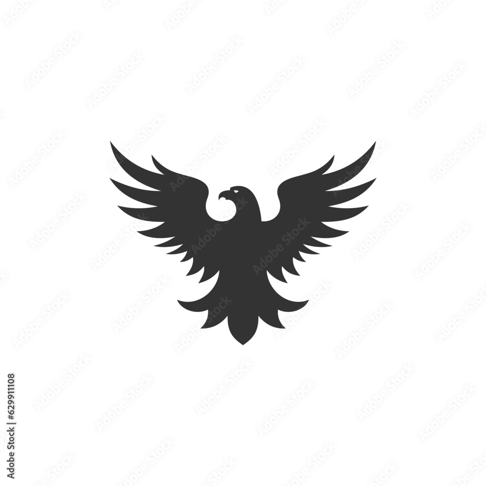 Obraz premium Flying falcon with open wings black monochrome silhouette logo for hunting patriotism vector flat