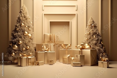 Background of a New Year's celebration indoors. Christmas tree, frame, and gift box made of gold. Illustration for Christmas and New Year's banners that is realistic. Generative AI