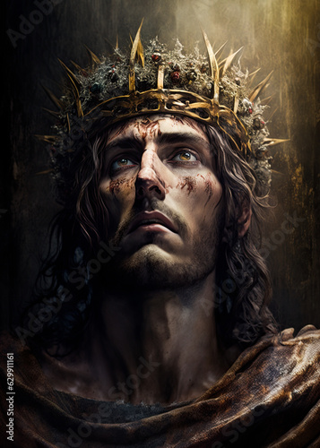 Jesus Christ wearing crown of thorns portrait. Ai generative