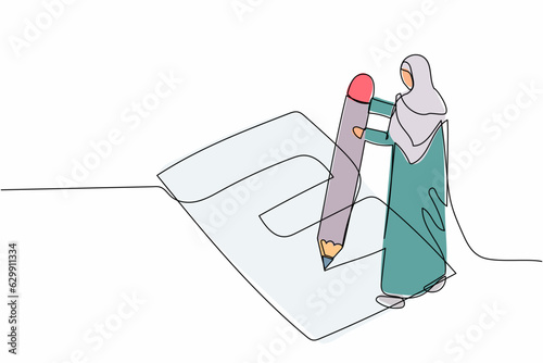 Single continuous line drawing Arab businesswoman writing survey form on the floor. Female manager filled out checklist on clipboard with giant pencil. One line draw graphic design vector illustration