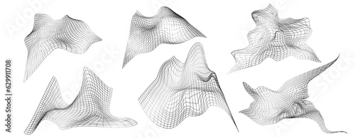 Distorted grid shapes isolated. Retrofuturistic warped mesh grid. Curved mesh abstract elements. Retro punk design element. Vector curve surface background.