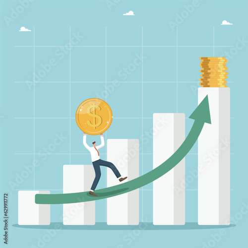 Financial and economic growth and enrichment, an increase in the value of a business and an investment portfolio, an increase in income and wages, man carries a coin along the arrow of a growing graph