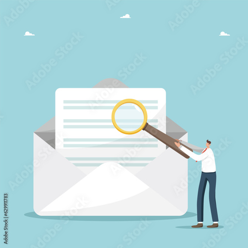 Email communication, newsletter and advertising about a product or service, discounts and promo codes for subscription or targeting, information concept, man with a magnifier near envelope with letter