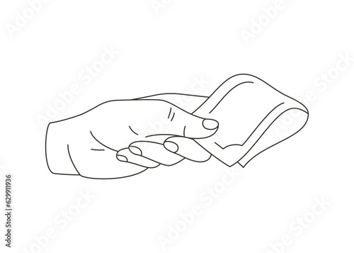 Human hand giving folded currency cash money payment concept minimalist line art icon vector