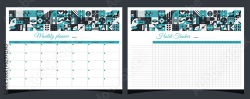 Planners set geometry. Monthly and habit tracker planners. Planners printable template with geometric shapes. Blank white notebook page A4. Vector illustration.