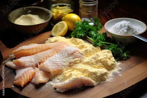 fish fillets being battered in homemade mix