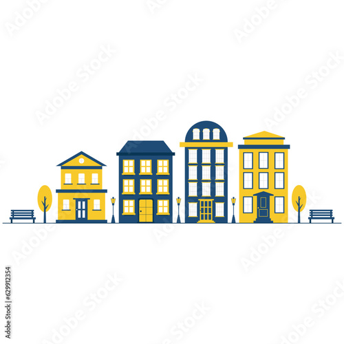 Houses. Urban street scene with houses. Vector illustration for web design, application interface, infographics.