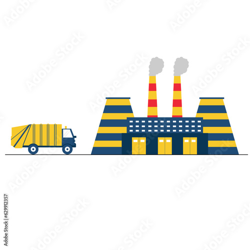 Waste recycling plant and garbage truck. Recycling ecology process. Truck transporting trash to recycling plant.