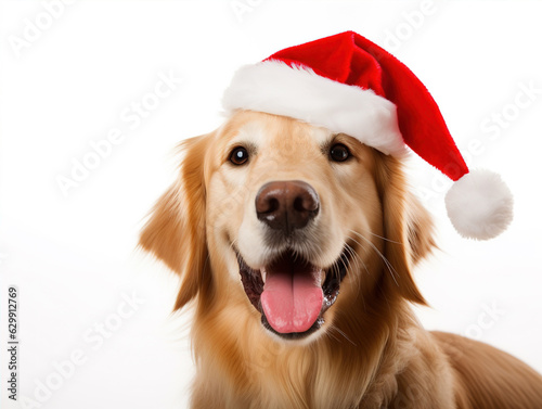 a happy dog wears a Santa hat, showcasing its excitement for the holiday season. The dog's wagging tail and bright eyes radiate joy