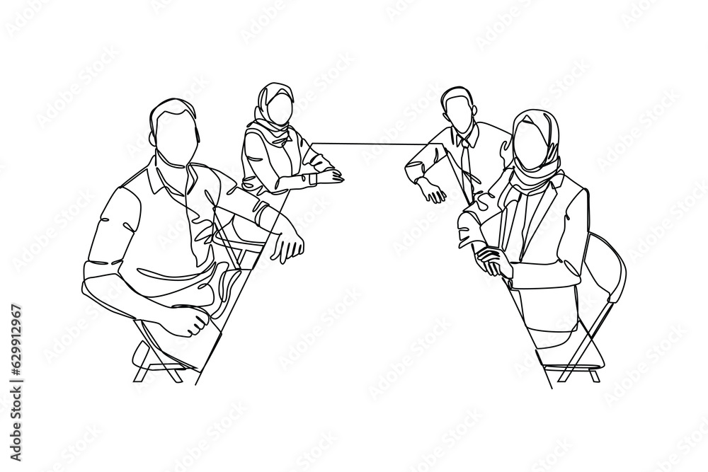 One continuous line drawing of staff focuss in discussion. Business training concept. Trendy single line draw