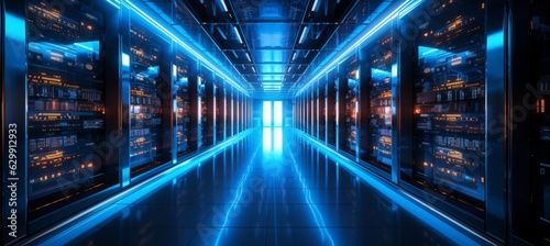 Blue glow neon server racks room data center background. Generative AI technology. 