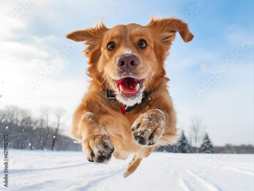 a dog is caught mid-air, eagerly fetching a Christmas-themed ball during a fun game.