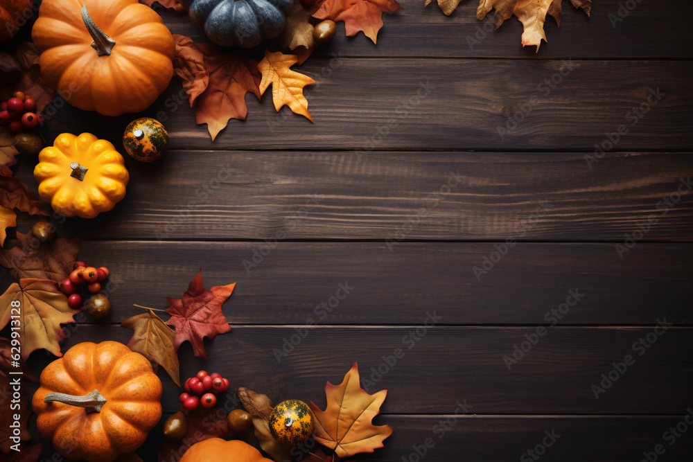 Thanksgiving background. Top view rustic wood table decor from pumpkin, red berry, dry leaves with copy space. Autumn and fall season background. Thanksgiving day or Halloween concept. Thanksgiving background. Top view rustic wood table decor from pumpkin, red berry, dry leaves with copy space. Autumn and fall season background. Thanksgiving day or Halloween concept.