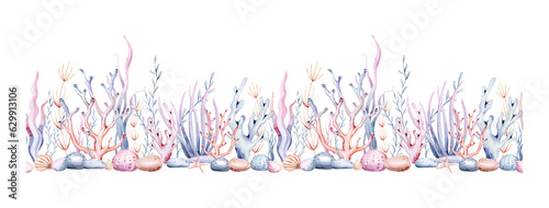 seamless border of sea cartoon animals. Blue watercolor ocean fish, turtle, whale and coral. Shell aquarium dolphin, crab octopus Nautical marine illustration, jellyfish, starfish
