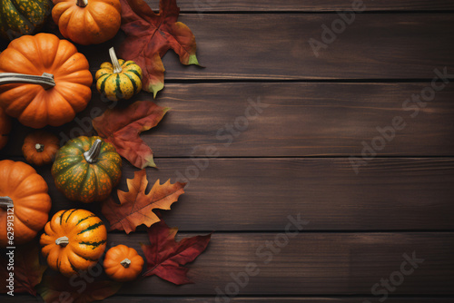 Thanksgiving background. Top view rustic wood table decor from pumpkin, red berry, dry leaves with copy space. Autumn and fall season background. Thanksgiving day or Halloween concept.