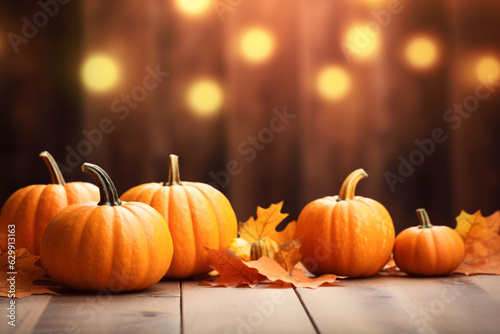 Thanksgiving background. Pumpkin and dry leaves on rustic wooden table with light bokeh background. Autumn and fall background. Holiday autumn festival. Thanksgiving and harvest concept.