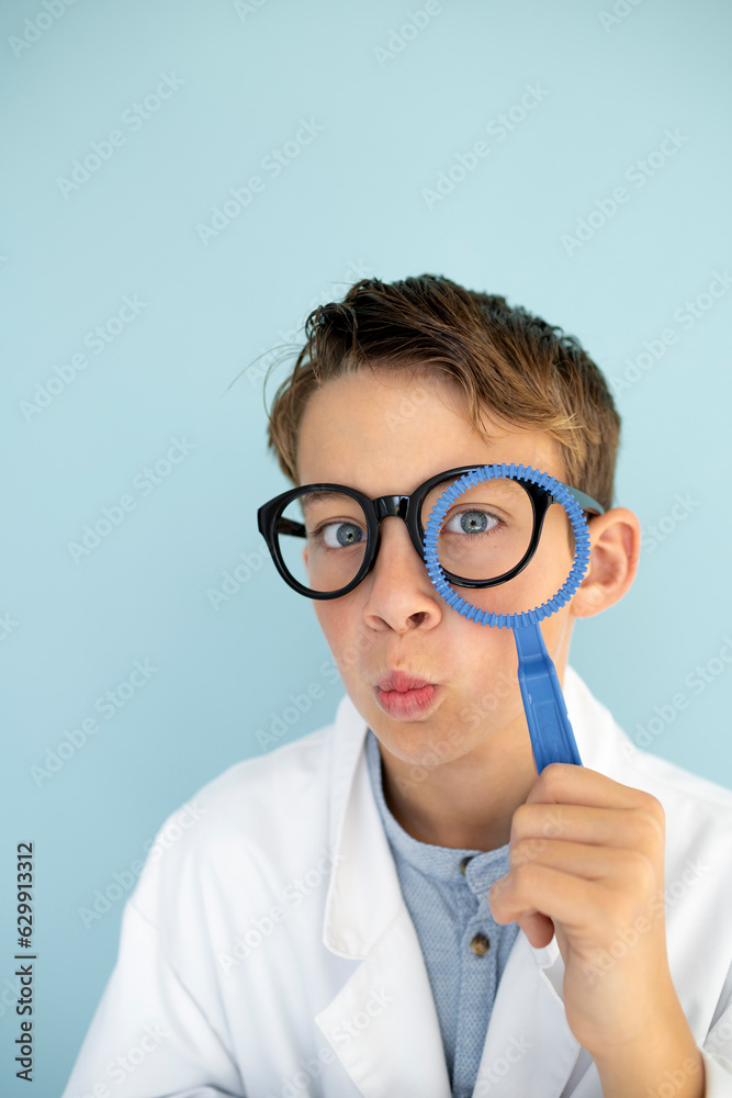 young mad scientist boy with white coat and blue ring