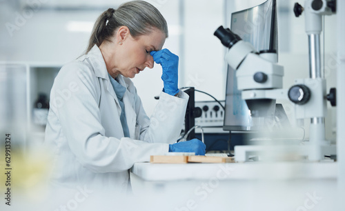 Senior woman, headache and stress from science research and work for medical analysis. Scientist, anxiety and laboratory expert with covid and healthcare fail for virus monitoring and clinic problem