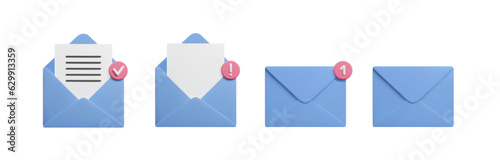 Set of different 3D mail letter envelopes isolated on white. Cute cartoon style blue 3d emails: open and closed envelopes with letters and new message notification vector illustration 3d render.