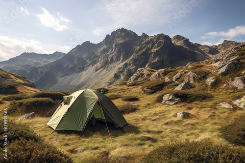 Camping  tourist tent in the mountains 