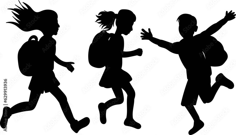 silhouette children schoolchildren rejoice, children with backpacks jumping vector