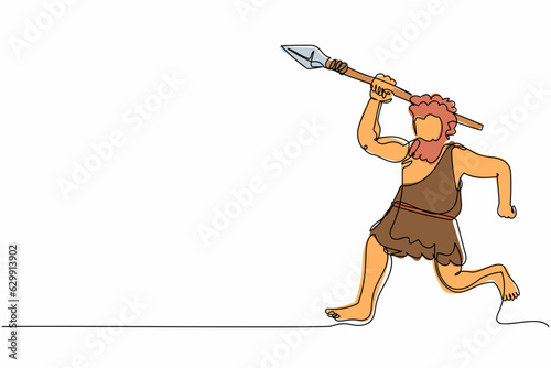 Single continuous line drawing angry hungry primitive caveman chasing running hunting animal with stone spear. Caveman of prehistoric era with weapon. One line draw graphic design vector illustration