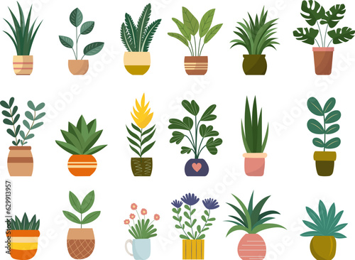 Fotografia set of houseplants in flowerpots in doodle style vector