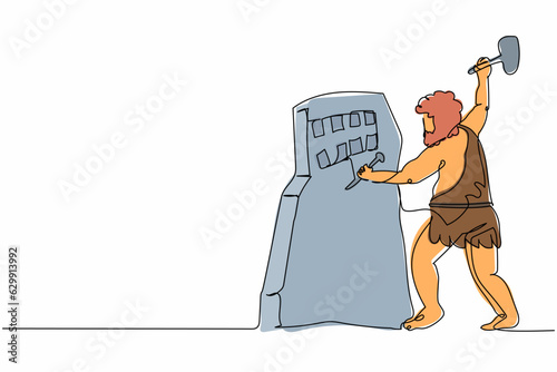 Single continuous line drawing wild caveman standing, writing, carving stone age inscription on rock. Prehistoric ancient primitive cave tribe man. One line draw graphic design vector illustration