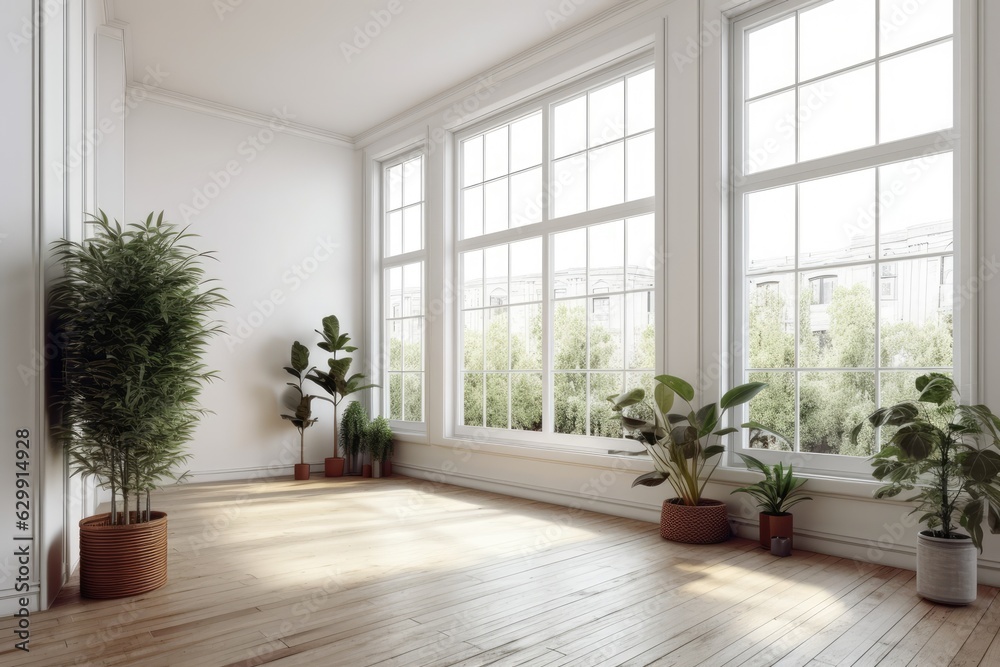 A stylish vacant room with picture windows, a parquet wooden floor, traditional shutters, and decorations in pots. Interior design concept with text space on a white background. Generative AI A stylish vacant room with picture windows, a parquet wooden floor, traditional shutters, and decorations in pots. Interior design concept with text space on a white background. Generative AI