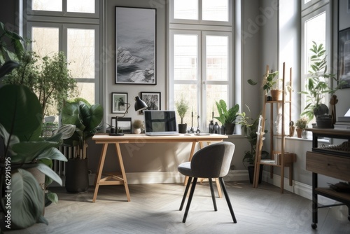 An office with a window and posters in a light home has a grey chair at the desk with a plant. real picture. Generative AI