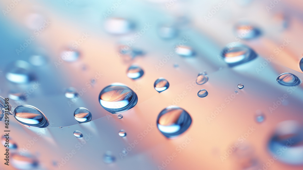 Gentle flow of water droplets on a surface creating subtle ripples and reflections, soft and pastel color palette, macro photography