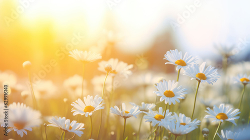 Many meadow chamomile on sunny soft blurred background in morning sunlight