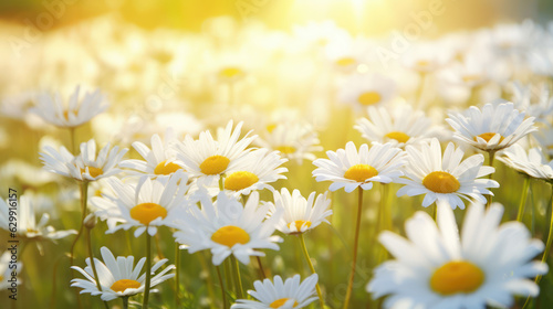 Many meadow chamomile on sunny soft blurred background in morning sunlight © tashechka
