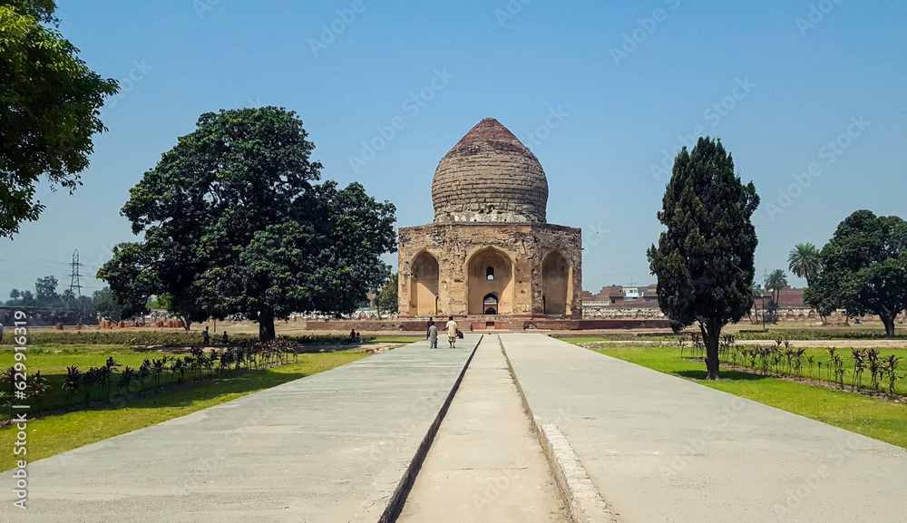 Tomb of Asif Khan - May, 05, 2018: Lahore, Pakistan. Asif Jah was brother of Nur Jahan and brother-in-law to  Mughal Emperor Jahangir. It was looted of its all Jems and diamonds by Ranjit Singh army.