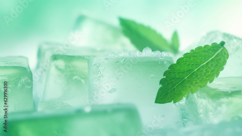 Mint ice cubes close-up on light green background