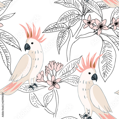 Cockatoo parrots, plumeria flowers, white background. Vector floral seamless pattern. Tropical illustration. Exotic plants, birds. Summer beach design. Paradise nature