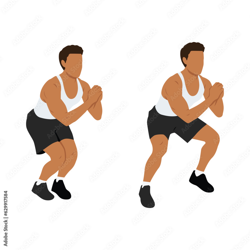 Man doing squat jacks or side sumo walks exercise. Flat vector illustration isolated on white background Man doing squat jacks or side sumo walks exercise. Flat vector illustration isolated on white background