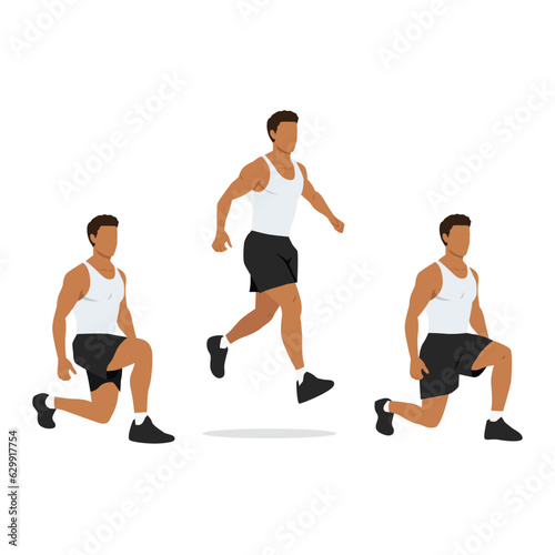 Man doing split alternating squat jumps exercise. Flat vector illustration isolated on white background