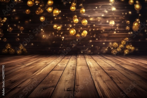abstract holiday backdrop, dark wood background with lights, and text copy space. Generative AI