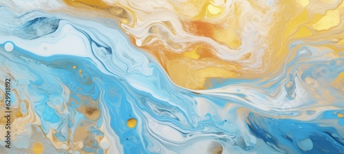 Abstract swirl liquid marble stone texture background. Blue gold colors. Generative AI technology. 