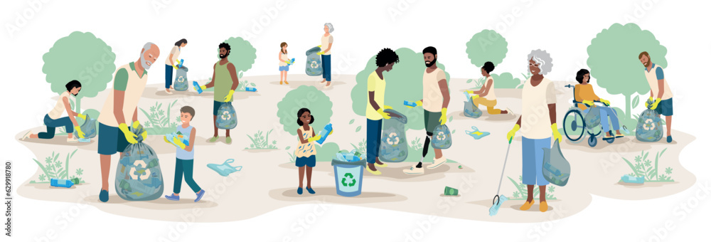 Men and women, elderly people and children of different nationalities clean up plastic garbage in a city park. Take care of the environment. Sorting, recycling and disposal of waste. Vector
