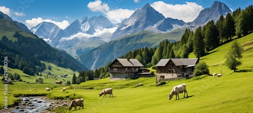 Cows eating grass at mountain valley landscape background. Grass hill beautiful scenery. Generative AI technology.	
 photo