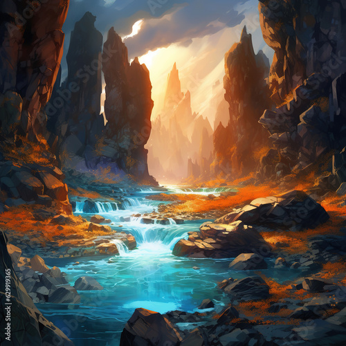 River in the middle of craggy mountains and rocks  ai art