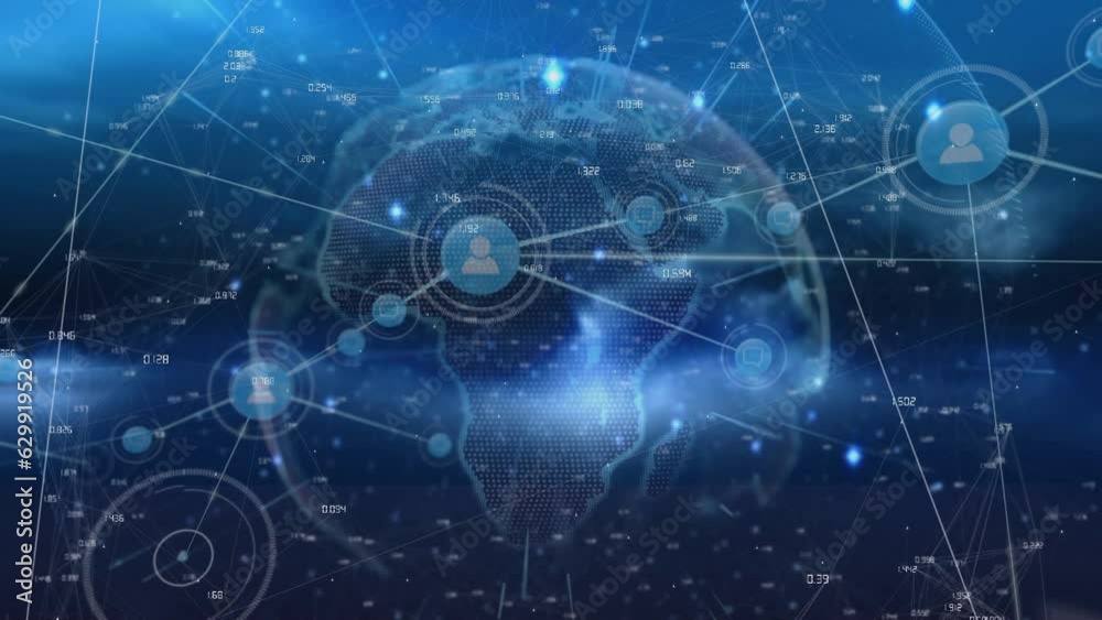 Animation of network of digital icons and light trails over spinning globe against blue background Animation of network of digital icons and light trails over spinning globe against blue background